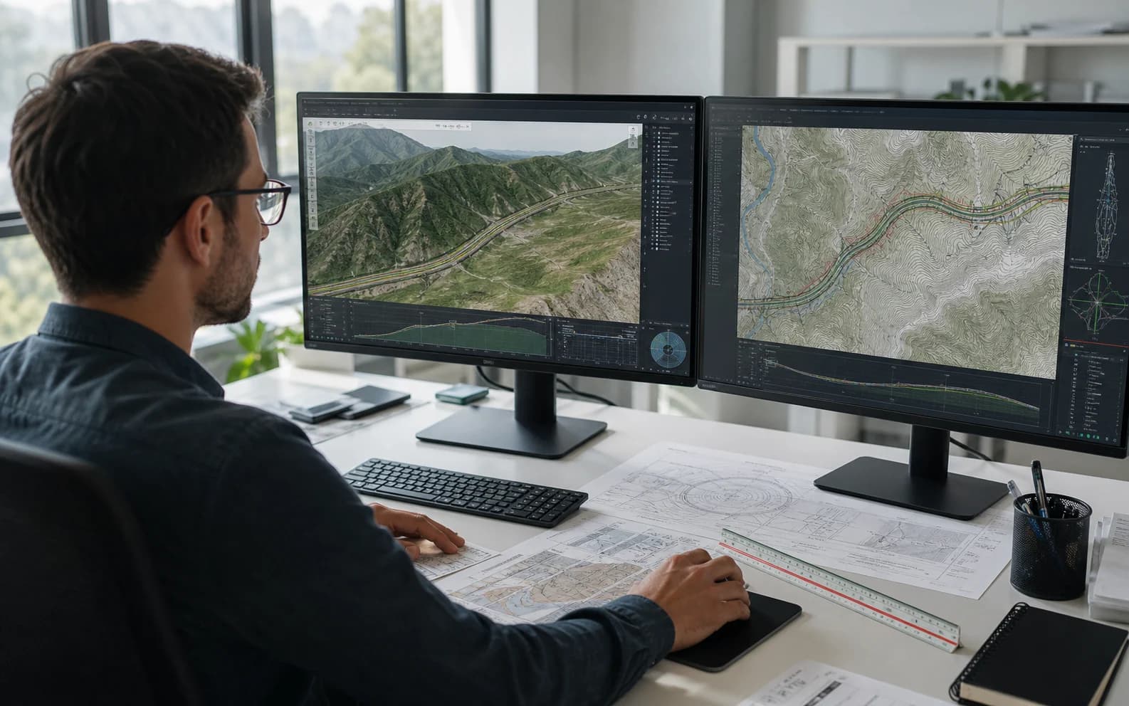 Ingenieros procesando información geoespacial en estaciones de trabajo de gabinete